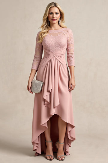 Blush Chiffon High Low Ruched Mother of the Bride Dress with Lace Appliques